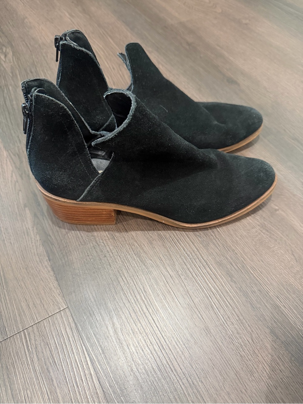 Steve Madden Black Suede Cutout Ankle Booties with Wood Block Heel